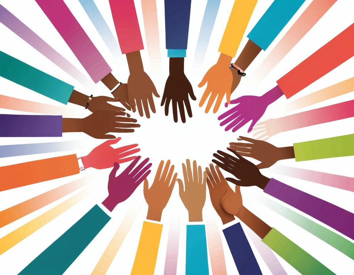 A vibrant illustration of diverse advocates united in a circle, holding hands with symbolic tools representing support for cancer awareness – like ribbons, informational brochures, and a smartphone displaying a supportive app. The background features a subtle, uplifting color gradient with light beams to symbolize hope and knowledge. super-realistic. vibrant colors. white background.