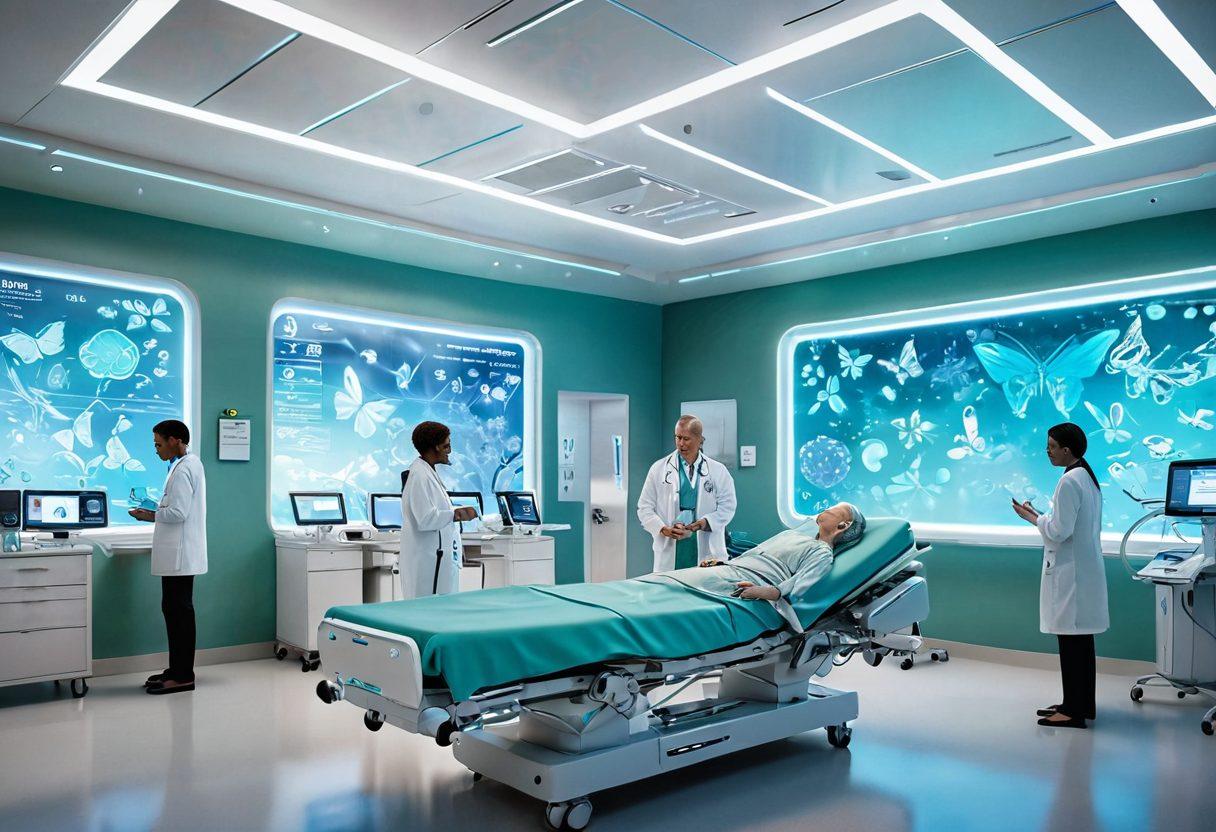 A futuristic hospital scene depicting advanced cancer care technologies. Include compassionate healthcare professionals interacting with patients, surrounded by holographic displays of medical data and innovative treatments. Incorporate symbols of hope, like butterflies or light beams, and a serene, healing environment. The color palette should be soothing with soft blues and greens, giving a sense of innovation and optimism. super-realistic. vibrant colors.