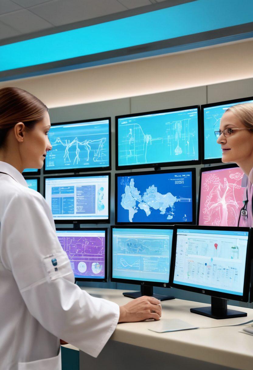 A captivating visual of a modern hospital environment showcasing healthcare professionals collaborating over a digital monitor filled with innovative treatment data for cancer care. Include elements like advanced medical equipment, a patient-friendly atmosphere with hopeful expressions, and colorful charts symbolizing progress and breakthroughs. Emphasize a sense of teamwork and technology in the fight against cancer. super-realistic. vibrant colors. bright background.